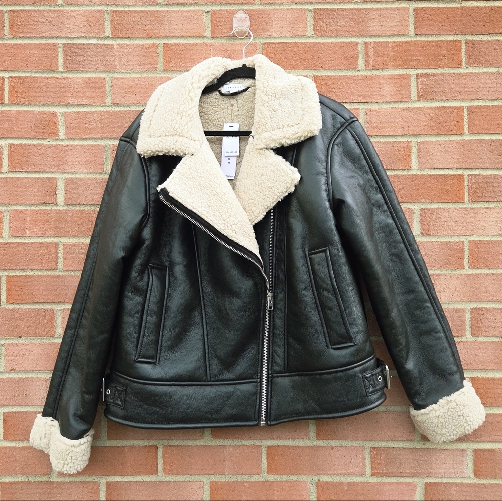 Topshop shearling aviator jacket in black and cream Medium - Picture 3 of 8